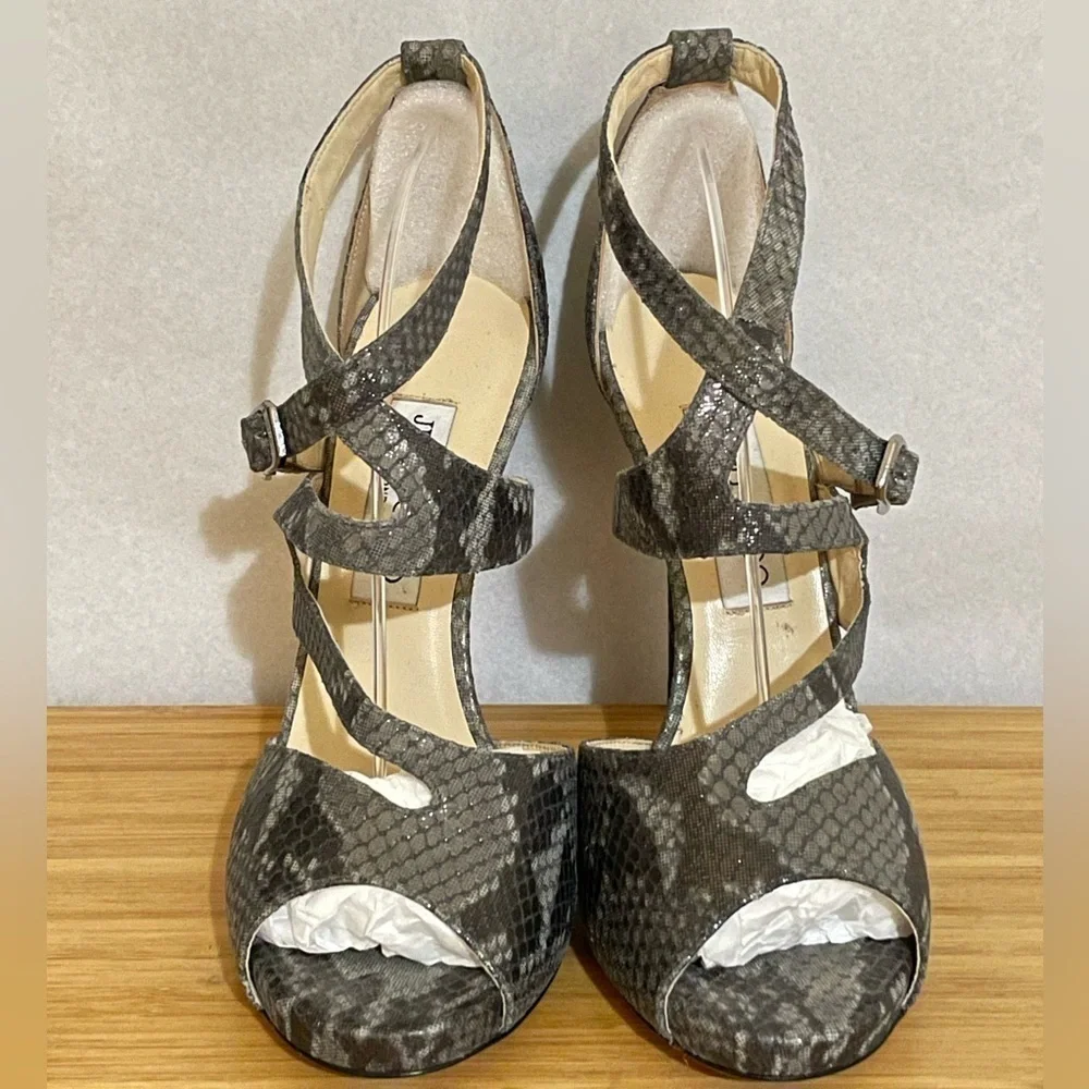Jimmy Choo glitter animal print wrap around strappy ankle pump 38.5 120mm